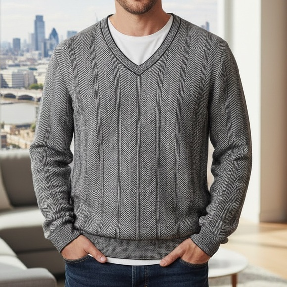 Burberry Herringbone Sweater 100% Merino Wool Gray & Black Made in Italy NWT
